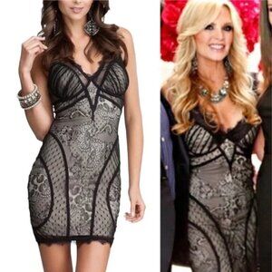 bebe Barbarella Black Lace Nude Bodycon Cocktail Corset Mini Dress Sz. M
